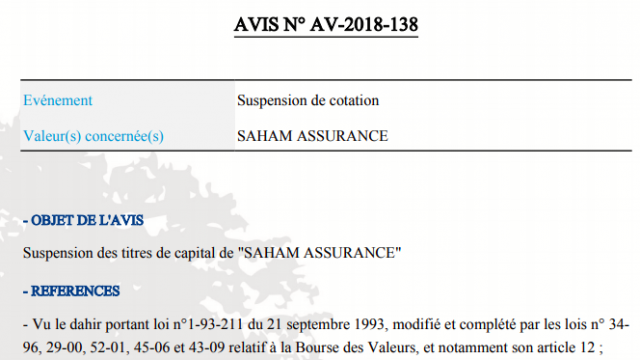 Suspension titre Saham Assurance Suspension titre Saham Assurance
