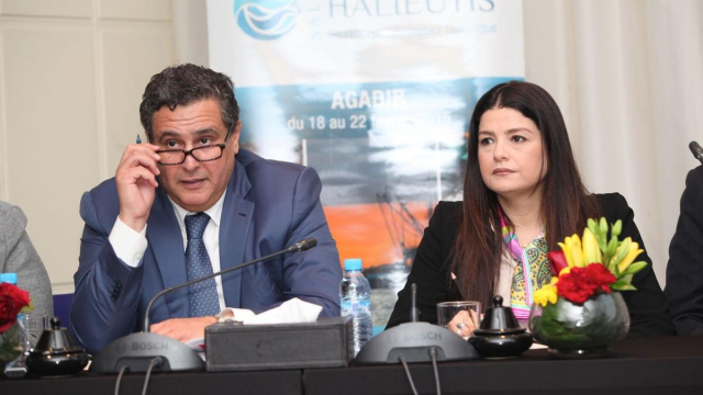 Aziz Akhannouch Ministre de l'Agriculture et de la Peche et Amina Figuigui Présidente de l'association du salon HALIEUTIS conf de Presse Casablanca 28 Janvier 2015