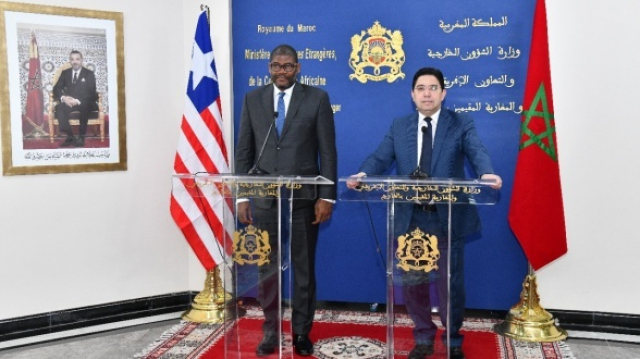 Nasser Bourita et son homologue libérien, Gbehzohngar Findley, vendredi 6 mars à Rabat. Nasser Bourita et son homologue libérien, Gbehzohngar Findley, vendredi 6 mars à Rabat.