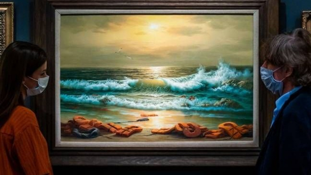 Le triptyque de Banksy "Vue de la mer Méditerranée, 2017". Le triptyque de Banksy "Vue de la mer Méditerranée, 2017".