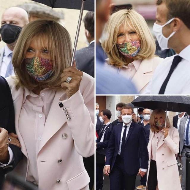 Brigitte Macron porte un masque signé Mehdi Qotbi Brigitte Macron porte un masque signé Mehdi Qotbi