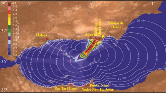 Modèle de propagation du tsunami et zones côtières de la mer d'Alboran qui seraient affectées, selon l'étude du CSIC Modèle de propagation du tsunami et zones côtières de la mer d'Alboran qui seraient affectées, selon l'étude du CSIC