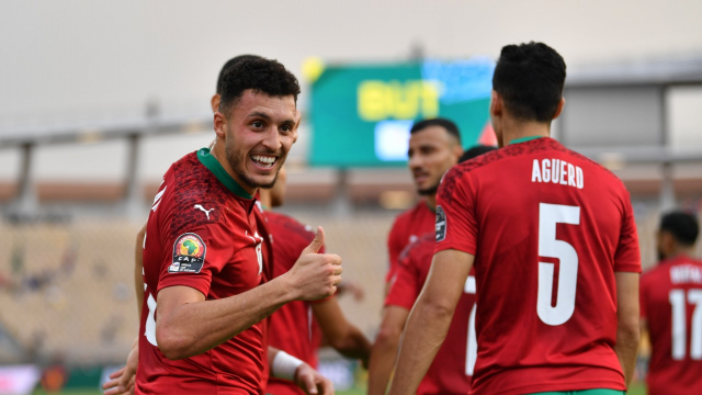 La joie des Lions de l'Atlas contre les Comores, le 14 janvier 2022. La joie des Lions de l'Atlas contre les Comores, le 14 janvier 2022.