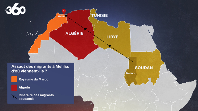 Infographie. Itinéraire des migrants soudanais ayant pris d&#039;assaut la clôture de Melilia, vendredi 24 juin 2022