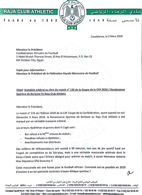 lettre Raja président CAF 1/2