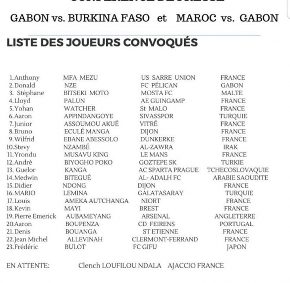 La liste du Gabon contre le Maroc