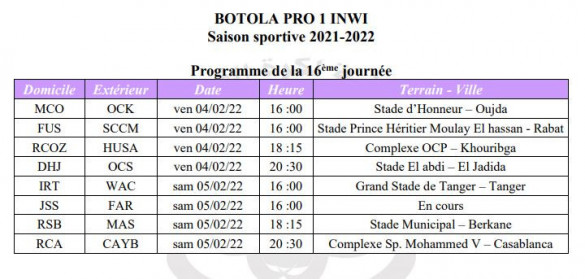 Programme de la 16e journée de Botola Pro Inwi