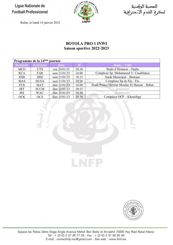 Program of the 14th day of the Botola Pro D1 Inwi