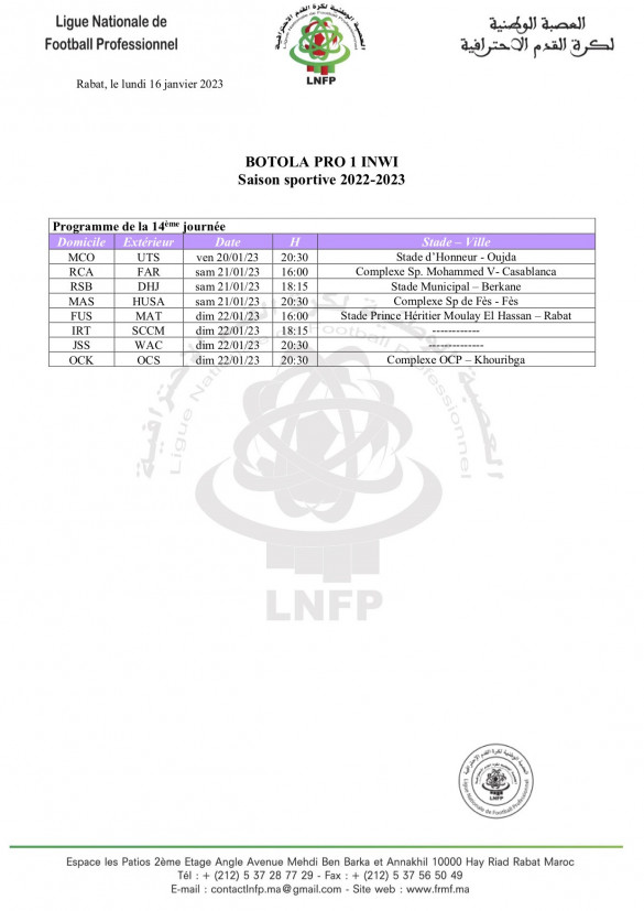 Program of the 14th day of the Botola Pro D1 Inwi Program of the 14th day of the Botola Pro D1 Inwi