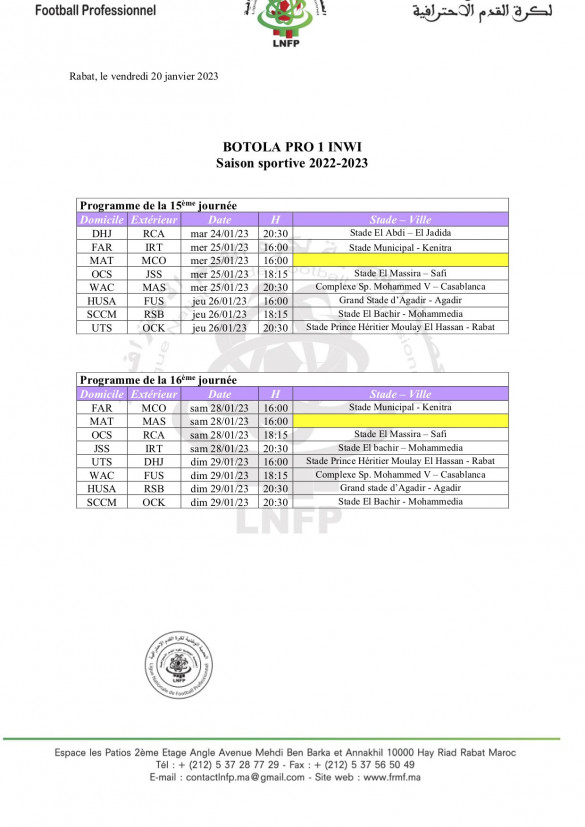 Botola Pro D1 Inwi-15th and 16th days Botola Pro D1 Inwi-15th and 16th days