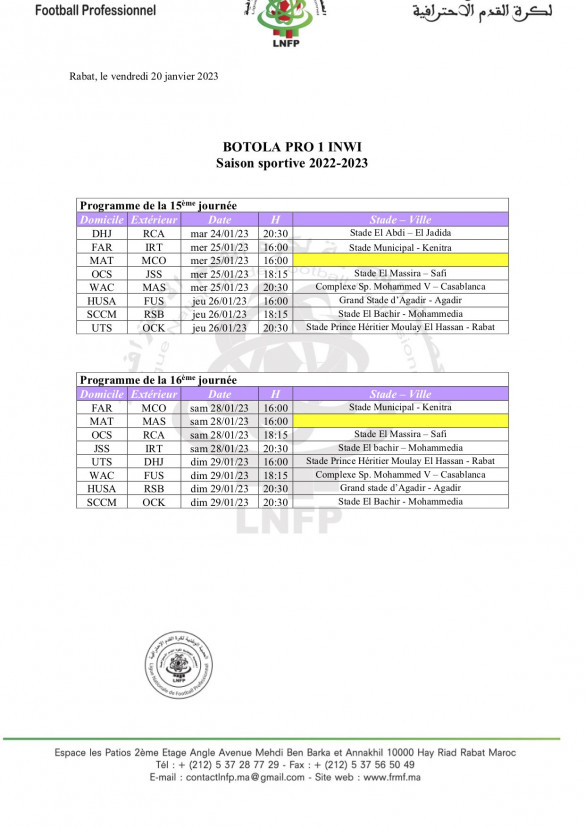 Botola Pro D1 Inwi-15e et 16e journées