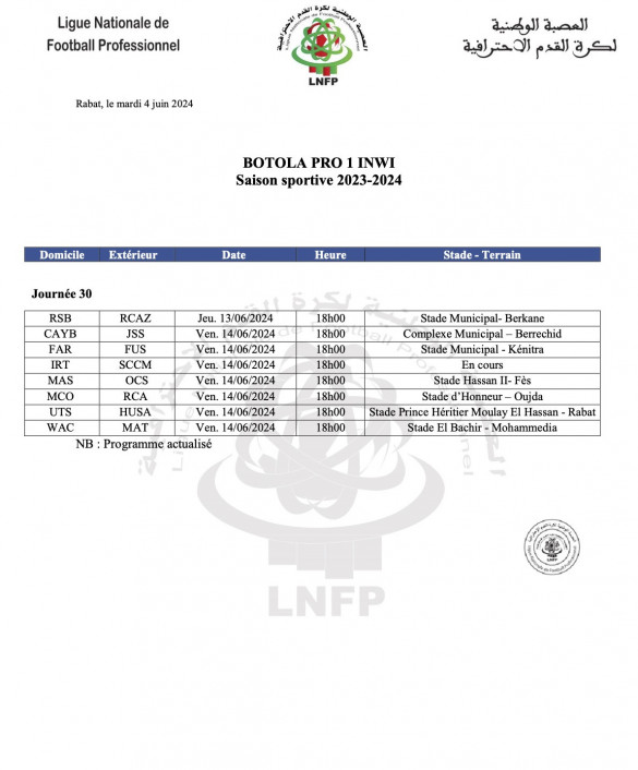 Programme de la 30e journée de Botola 2024